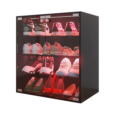 Veemuaro Shoe Storage Box, Wooden Shoe Storage Box with Glass Door, Shoe Organizer Storage Box with RGB Led Light and APP Control for Up to 8-12 Pairs of Shoes, Shoe Storage Bin for Display Sneakers Cover