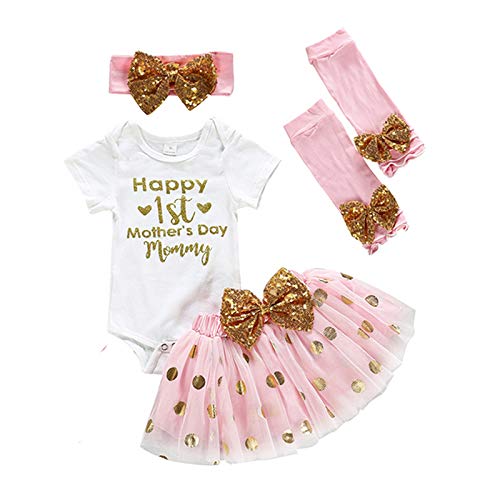 Xifamniy My First Mothers Day Baby Outfit Girl Newborn 4Pcs Romper Tutu Dress Bodysuit Headband Legging Socks Skirt Set (Mother-h1, 6-12 Months)