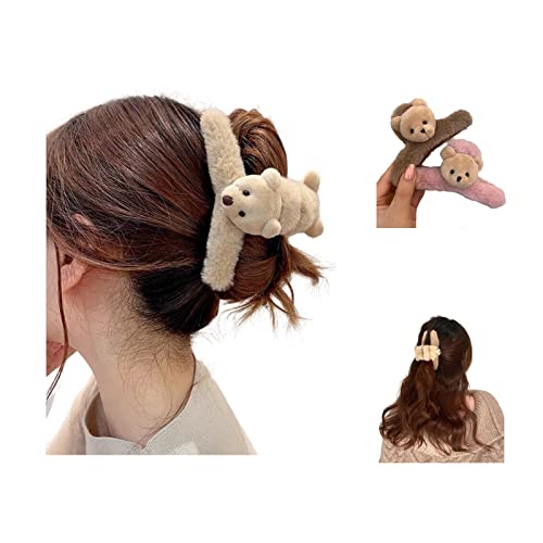 3 Pcs 4.33 Inch Multicolor Large Hair Claw Clips Cute Fluffy Plush Bear Hair Catch Barrette Jaw Clamp For Women Girls Strong Hold Half Bun Hairpins For Thick Thin Hair Stylish Curly Hair Accessories #TOP13