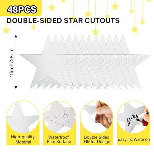 Image of 48PCS Silver Star Cutouts, 11 Inch Large Double Printed Paper Stars Cutouts, Cardboard Star Cutouts, Glitter Stars Decorations for Classroom Wall Movie Night Bulletin Board Party Supply