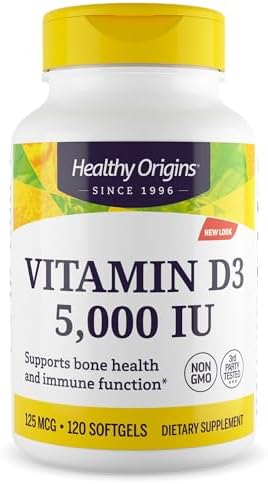 Healthy Origins Vitamin D3 5,000 IU (Non-GMO, High Potency, Bone Support, Immune Support, Gluten Free), 120 Softgels