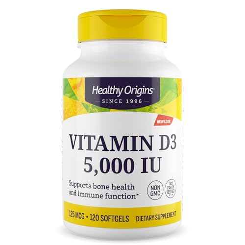 Healthy Origins Vitamin D3 5,000 IU (Non-GMO, High Potency, Bone