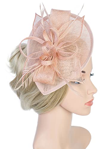 Z&X Wedding Fascinator Sinamay Headband Tea Party Hats for Women Flower Feather Derby Pillbox Hat Clips Peach Pink