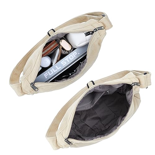 Image of Canvas Messenger Bag Large Hobo Crossbody Bag with Zipper Casual Shoulder Tote Handbag for Women and Men