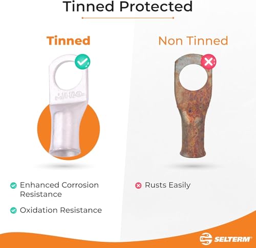 SELTERM 6 AWG 5/16" Stud (25 pcs.) UL Marine Grade Wire Lugs, Battery Cable Ends, Tinned Copper Eyelets, Tubular Ring Terminal Connectors [B20]