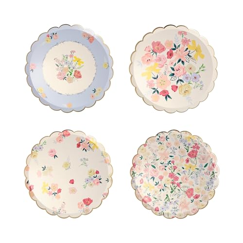 Meri Meri English Garden Side Plates, Big Multipack (Pack of 48) of Disposable, Floral Paper Plates, 4 Colorful Designs with Scalloped Edges and Gold Foil Details, 8.5”