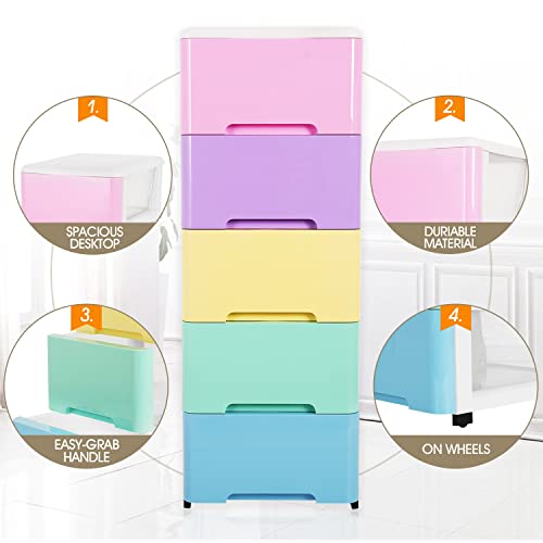 Naivees 5 Drawer Storage Cart And Personal Organizer, Heavy-Duty Plastic Storage Drawers Mobile Cabinet With Casters, Large Containers For Storing Arts, Crafts, Clothes And Toys (5 Drawer-Colorful) #TOP3