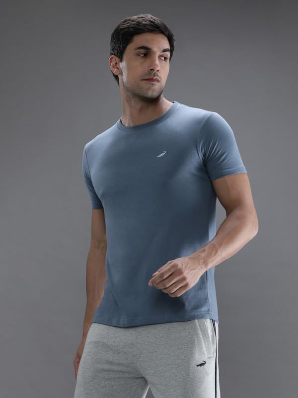 Image of CROCODILE Men Solid Sport Fit T Shirt | Round Neck | Short Sleeve | Regular Length | Basic Casual Pull On Topwear Grey Melange