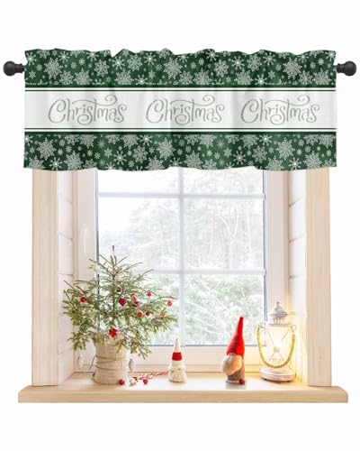 Christmas Snowflake Kitchen Valances for Windows 60x18 Inch Kitchen Curtains Valances Rod Pocket Winter Xmas Snow Sage Green Bathroom Window Valances for Window Treatment Living Room Decor
