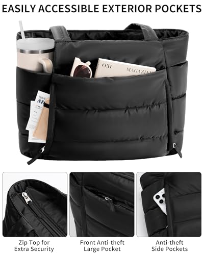 Image of Bagstellar Puffer Tote Bag for Women, Lightweight Puffy Work Handbag Teacher Nurse Quilted Shoulder Bag for School Travel Gym | Cloud Bag w / Zipper