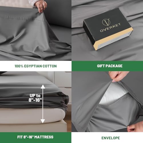 Image of 100% Egyptian Cotton Sheets King Size 4PCS 1000 Thread Count Sateen Weave Soft Breathable 16-Inch Deep Pocket (King,Dark Grey)