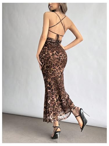 Image of Floerns Women's Leopard Draped Halter Neck Dress Criss Cross Tie Back Party Midi Dress