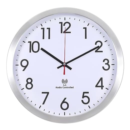 Atomic Analog Wall Clock, 14Inch Radio Controlled Sets Automatically Wall Clock, Aluminum Frame WallClock for Home School Office