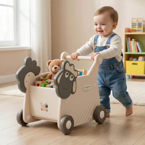 Image of Baybee 2 in 1 Push Walker with Shopping Cart for Kids | Smooth Rolling Wheels, Rounded Edges, WideToy Storage Organizer | Walking Support for Baby Boys & Girls 0-3 Years (White & Grey)