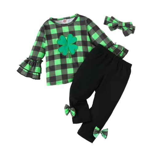 Guodeunh Toddler Girl St. Patrick's Day Clothes Kid Girl Plaid Four Leaf Clover Knitted T-Shirt Top + Flared Pants Spring Outfit (Green B, 18-24 Months)
