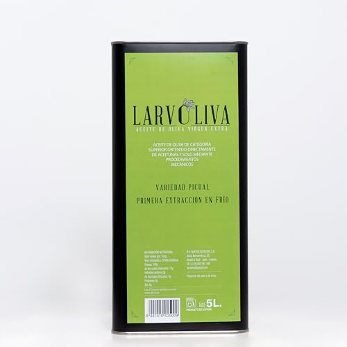 Larvoliva Aceite de Oliva Virgen Extra, Variedad Picual, Primera Extracción en Frío, Origen Jaén, Lata 5 Litros