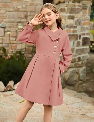 Image of GRACE KARIN Girls Dress Coat Kids Wool Lapel Long Button Jackets Fall Winter Outerwear Peacoat with Pockets 5-12Y