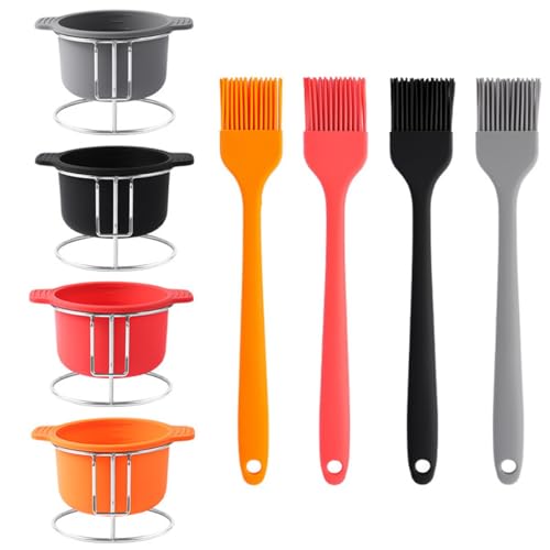 SageFurned Lot de 6 bols d'assaisonnement en silicone pour barbecue avec casseroles et supports pour griller, cuisine et pâtisserie, noir et orange