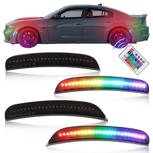OFFKAT Full LED RGB Side Marker Lights for 2015-2023 Dodge Charger [4 Modes 16 Colors] Multicolored RGB Side Marker Lamps Front & Rear Smoked Lens Bumper Assembly with 24-Key Remote 4PCS