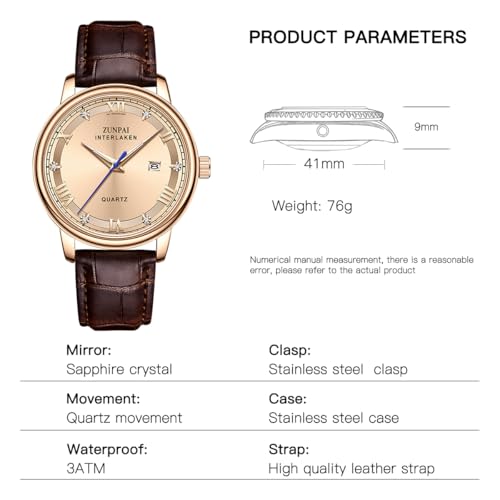 Image of ZUNPAI Men's Quartz Watch, 41mm Large Face, Leather Strap, Waterproof with Date Display, Luminous Analog Calendar