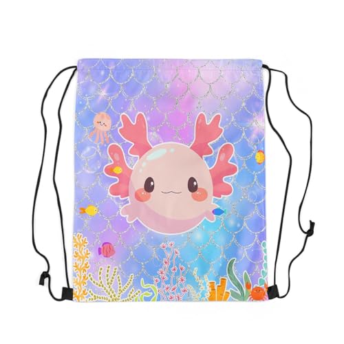 Erosebridal Cute Cartoon Axolotl String Backpack 13X15.7 Kawaii Axolotl Drawstring Bags Sparkle Mermaid Fish Scale Draw String Back Bag Shell Crab Coral Drawstring Backpack for Camping Traveling Trip3
