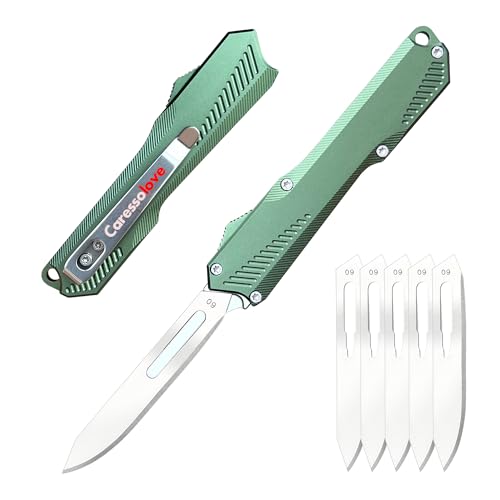 Caressolove Self Retracting Utility Knife, Out The Front Knife Automatic, EDC Folding Scalpel Pocket Knife, 5PCS #60 Double Action Auto Retractable Cutting Blade, Retractable Razor Blades Boxcutter