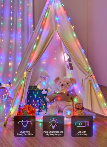 Image of Brightown 300 LED Fairy Curtain Lights, 9.8ft x 9.8ft Curtain String Lights | Multicolor USB Plug in 8 Lighting Modes Christmas String Hanging Lights with Remote for Bedroom Indoor Outdoor Party Xmas