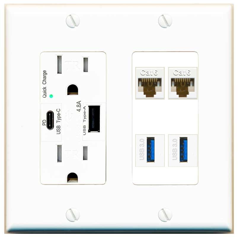 RiteAV 2 Port Cat6 2 USB3 Wall Plate - USB A+C Outlet [White]
