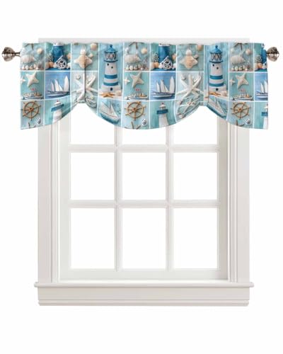 Nautical Lighthouse Tie Up Valance Curtains for Windows, Kitchen Curtains Window Shades, Ocean Starfish Anchor Sailboat Shell Light Filtering Roman Curtain Valances for Bedroom/Bathroom/Cafe 60''x18''