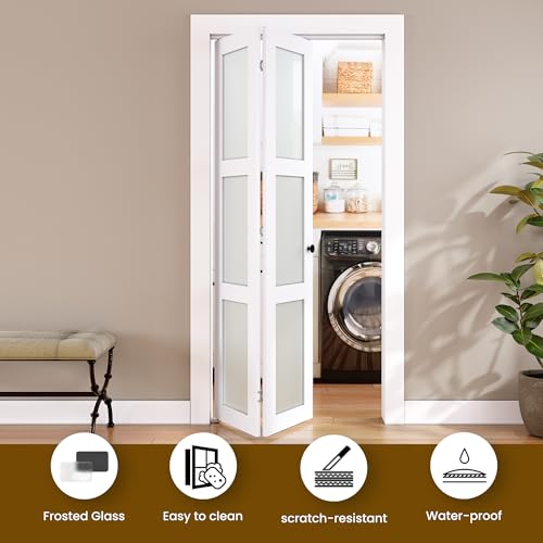 SMARTSTANDARD Bifold Door, for 28"x 80" Opening,Tempered Frosted Glass Closet Folding Barn Door with Hardware Kit, Water-Proof PVC Surface,Easy Install,White by SMARTSTANDARD - Image 5