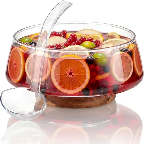 Ferrochef Glass Punch Bowl Set With Acacia Wood Base, 1.2 Gallon Party Punch Bowl With Plastic Ladle, Elegant Centerpiece For Holiday, Wedding, Schools, Parties & Gatherings