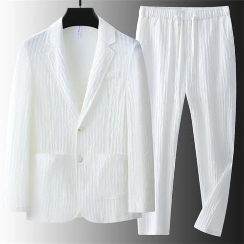 Men's White Korean Button Fly Suit 2 Piece Set Loose Casual Blazers and Pants2
