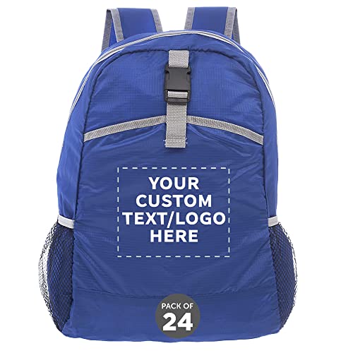DISCOUNT PROMOS Custom Lightweight Travel Packable Backpacks Set of 24, Personalized Bulk Pack - Perfect for Camping, Outdoor Sports - Blue