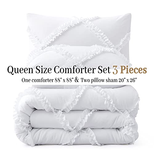 Comforter Set Queen Size Bedding – 3 Piece Farmhouse Bedding Set Cover Ruffle & Lightweight Comforter And Pillow Case Vintage Bedding For Bedroom As Home Bed Set Boho Chic Comforter For Luxury Comfort #TOP4