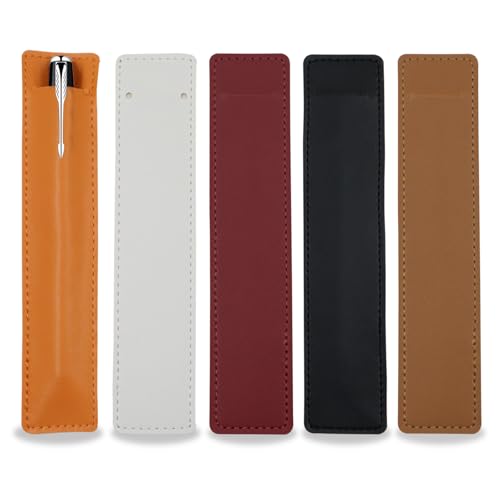 5 Stück Leder Einzel Füllfederhalter Etui, Stiftetui für 1 Stift, Lederetui Stiftetui für Stifte, Bleistift, Kugelschreiber, Eingabestift-Stift, 16.5 x 3.5cm (Weiß, Orange, Schwarz, Rot, Braun)