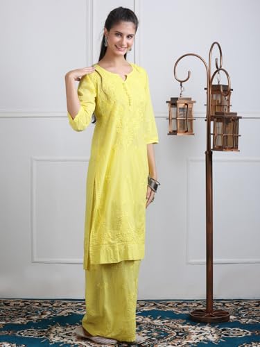 Image of Women's Lucknowi Chikankari Handwork Cotton Kurti, Palazzo and Dupatta Set