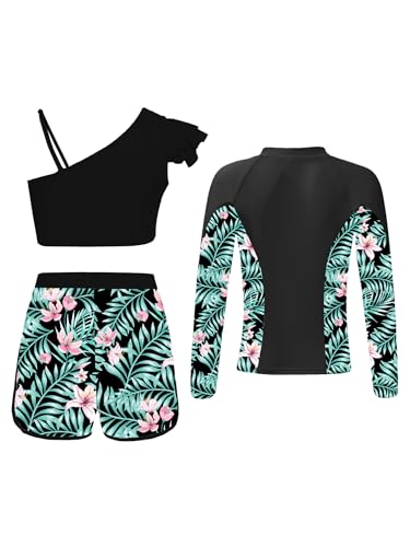 Hedmy Girls Three Pieces Rash Guard Set with Zip-up Swim Top with Bikini Tops and Swim Shorts Set Summer Beachwear2