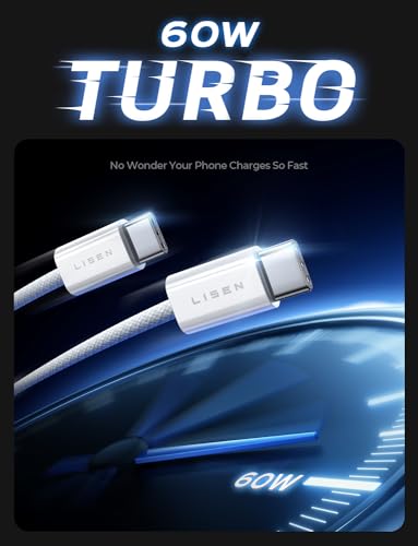 LISEN USB C Cable, 5-Pack [3.3/3.3/6.6/6.6/10FT] USBC to USBC Cable for iPhone 16e 15 Pro Max Charger Cord, 60W (3.1A) C to C Cable Fast Charging for Samsung S25/S24/23, Switch 2, iPad, MacBook,White - Thumbnail 3