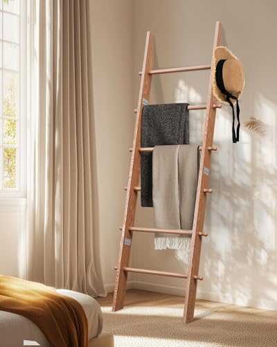 TEAKMAMA 6-Tier Blanket Ladder with Hanging Knobs,5.5 Ft Wall Leaning Blanket Ladders for Living Room Bedroom,Rustic Decorative Storage for Quilts,Throws,Easy to Assemble,Honey Brown