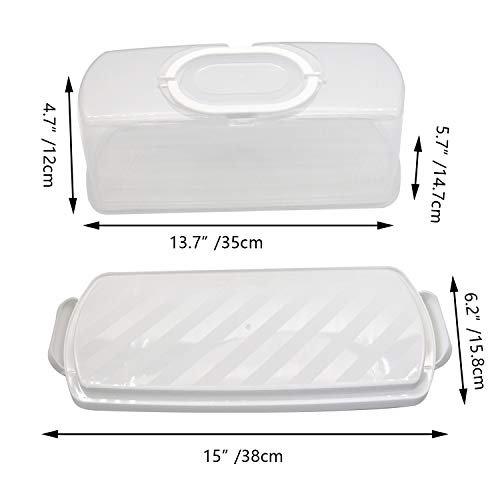 2 Pcs Portable Bread Box with Handle Loaf Cake Container Plastic Rectangular Food Storage Keeper Carrier 13inch Translucent Dome for Pastries, Bagels, Bread Rolls, Buns or Baguettes (White)