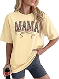 Mama Shirts for Women 2026 Oversized Mama Letter Print Cute Bow Mom Life Tshirts Mom Short Sleeve Casual Trendy Graphic Tees Apricot