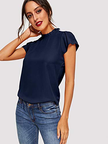 Romwe Women's Elegant Short Sleeve Mock Neck Workwear Blouse Top Shirts Navy M #TOP4