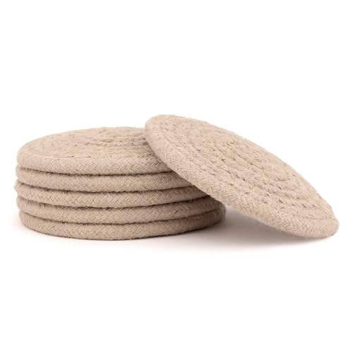 Image of Encasa XO Drink Coasters Set of 6 | Beige with Round (9 cm) | Handcrafted Ribbed Cotton | Absorbent & Heat-Resistant | Use for Tea, Coffee Table & Desk
