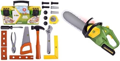 John Deere Kids Tool Set Bundle - 18 Piece Deluxe Tool Box Construction Playset with Tape Measure and Power Tools Chainsaw Toy with Lights and Sounds