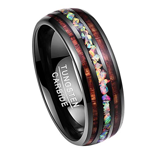 TUNGSTORY 8mm Tungsten Carbide Ring Hawaiian Koa Wood Inlay Mens Fire Created-Opal Wedding Anniversary Band Size 15