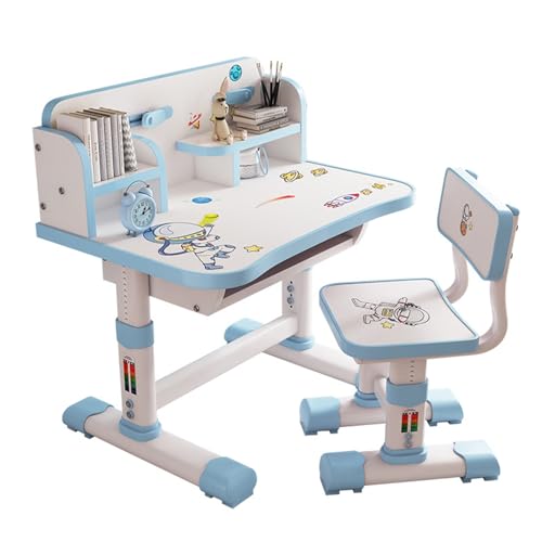 Mehisir Juego de Escritorio y Silla para Niños con Altura Ajustable, +3 Años Pupitre Infantil, Escritorio Infantil con Cajón y Estantería, 75.5 x 48.5 x 101cm (Rosa/Azul) Azul