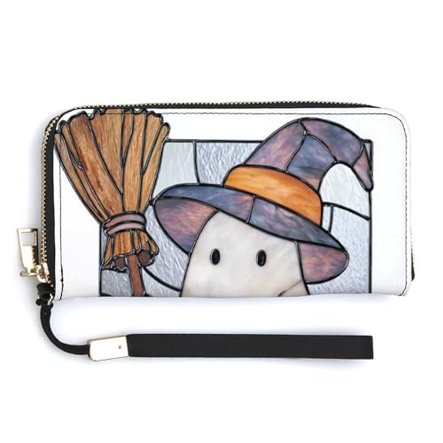 Stained Glass Cute Ghost Holding Old Broom PU Leather Clutch Long Bifold Wallet, Coin Purse Credit Pass Case, Durable Card-Holder Money Storage for Women Men