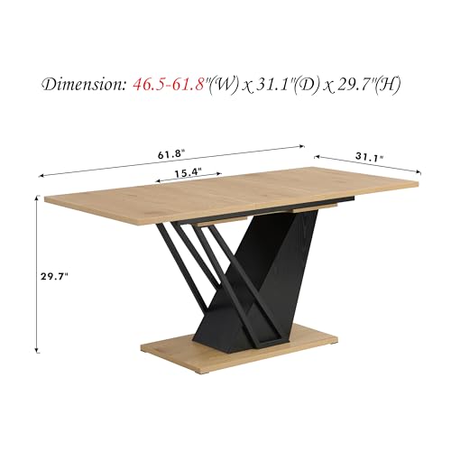 FIVEGIVEN Extendable Dining Table for Modern Kitchen, 47 to 62 Inch Rectangle Table Top with Hidden Removable Leaf V Shaped Wooden Metal Base for 4 to 6 People Natural & Black - Thumbnail 2