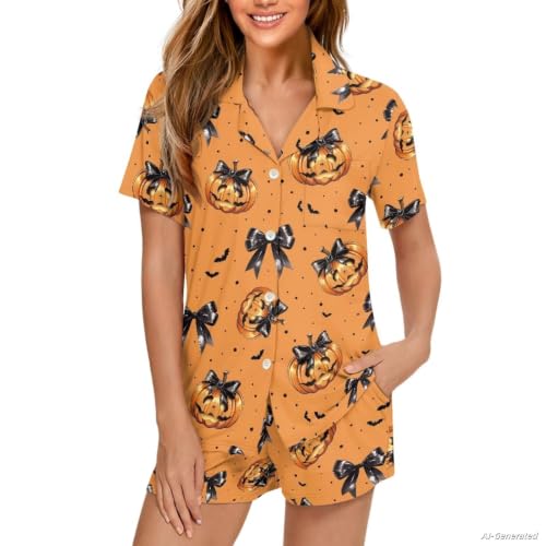 Image of Renewold Women's Short Sleeve Pajama Set Button Down Sleepwear with Notch Collar Soft Lounge Top and Shorts with Pockets