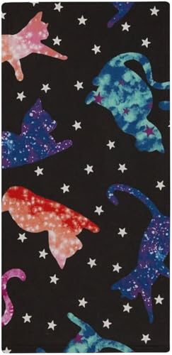 フェイスタオル カラフルなシルエット ネコ 星 タオル 35X73cm 長め 大きめ ハンドタオル サンゴフリース生地 耐久性 ふわふわ ソフト 柔らか肌触り 肌に優しい やわらか 軽い 薄手 吸水速乾 抗菌防臭 家庭用、温泉、砂浜、スポーツなどにも最適